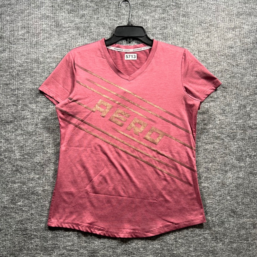Aeropostale Sport Womens V-Neck T-Shirt Pink Metallic Graphic Logo Size M